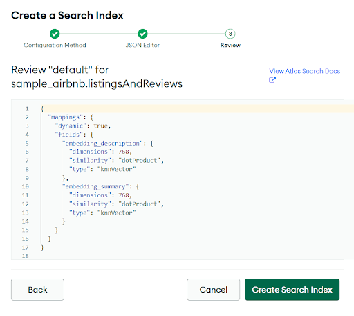 Confirmando a configuração JSON antes de criar um índice