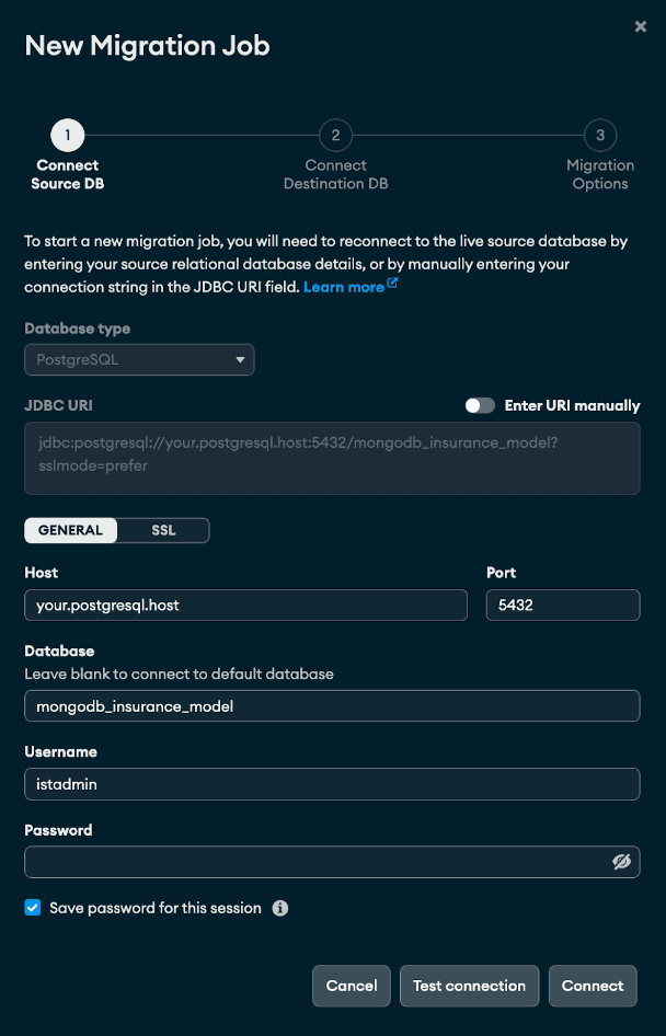 Fig X. Novo trabalho de migração, menu Conectar banco de dados de origem.
