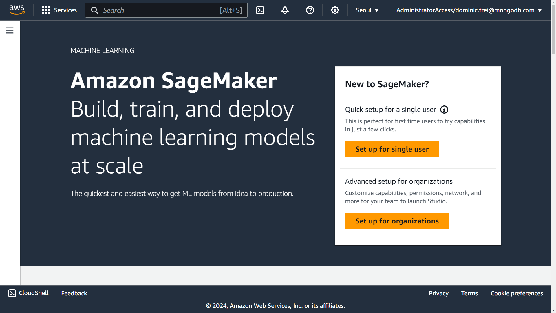 Página de destino do Amazon SageMaker