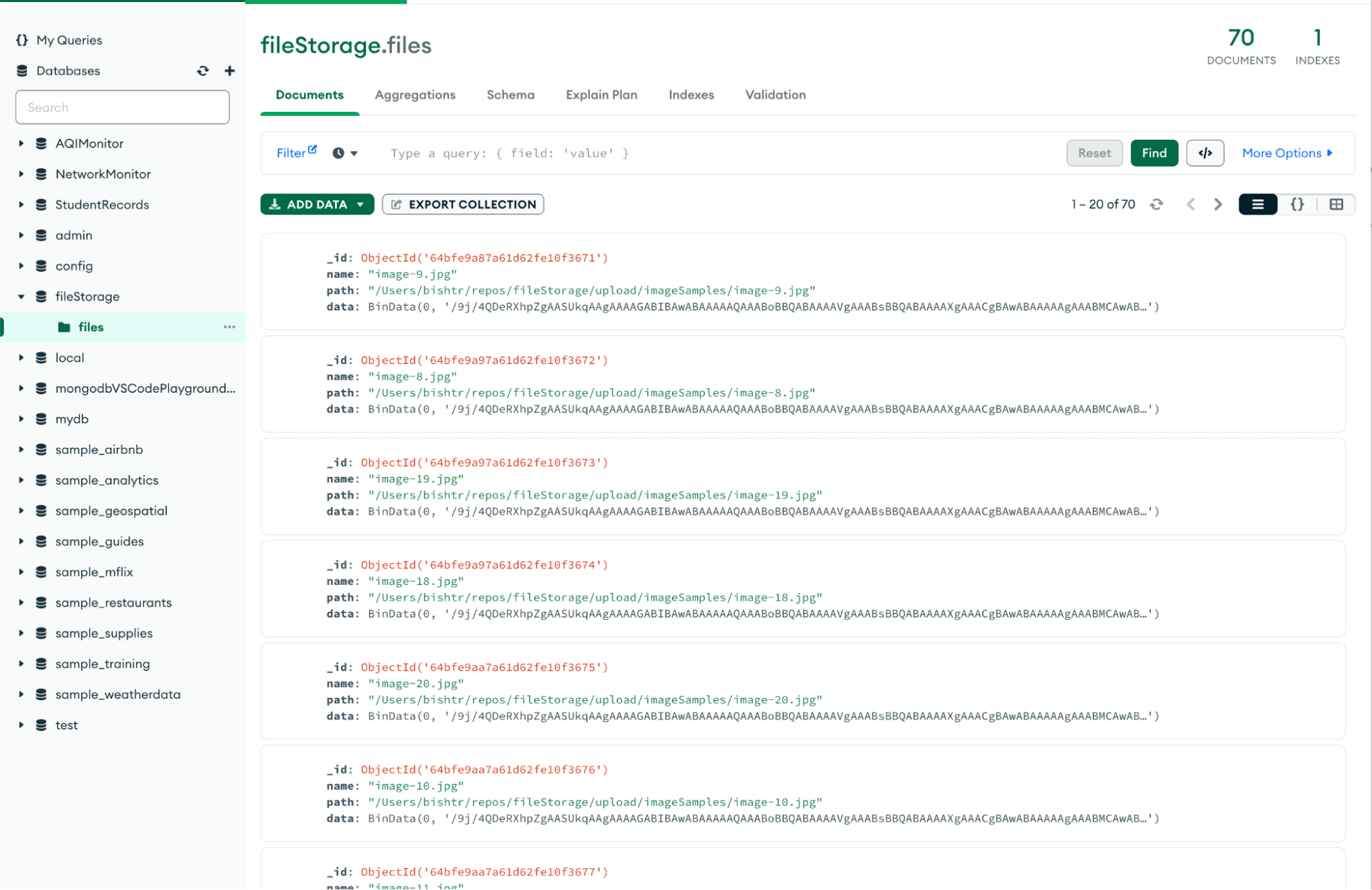 Coleção com dados binários no MongoDB Compass.