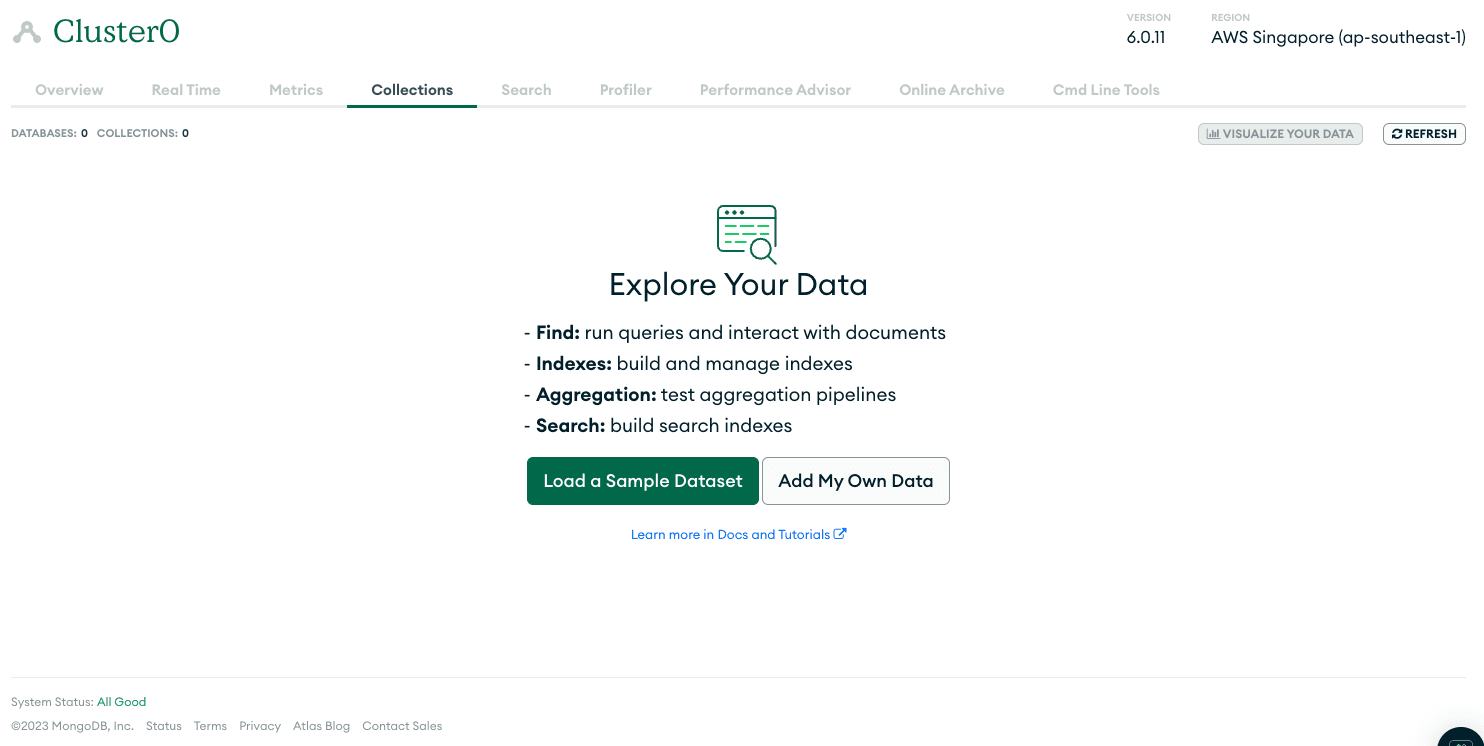 Painel do MongoDB Atlas para um cluster vazio, solicitando o carregamento de dados.