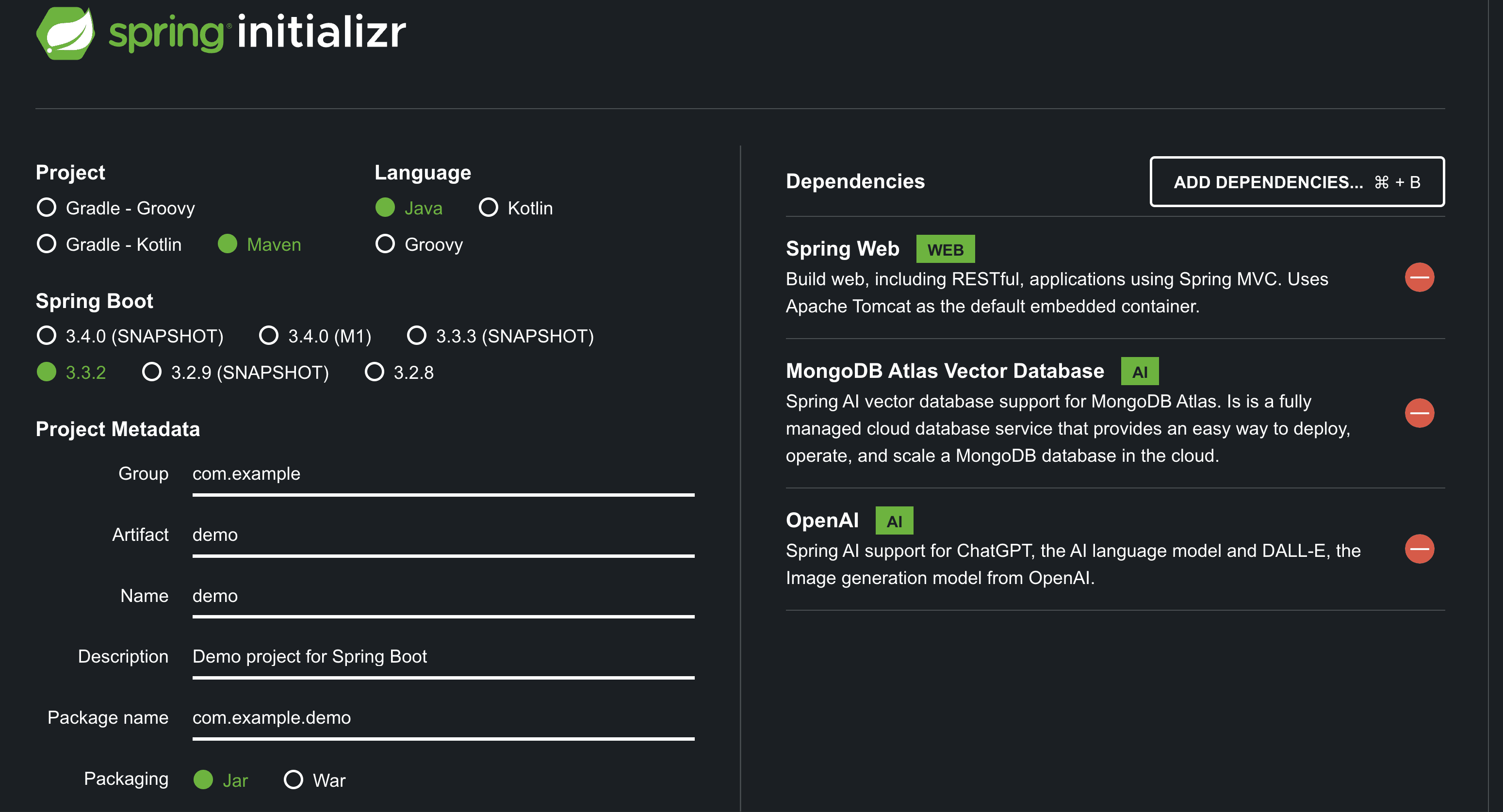 Spring Initializr screenshot showing dependencies described below