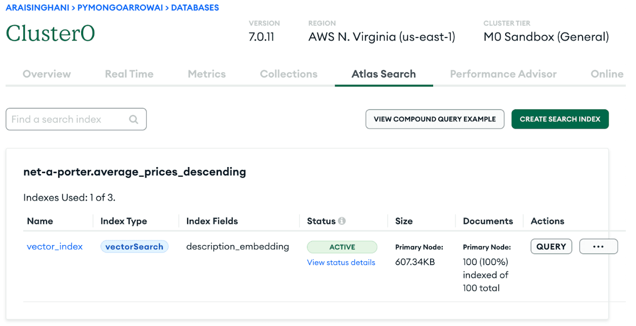 Índice ativo do Vector Search