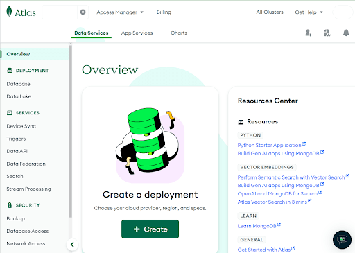 "Tela Create a Deployment" na página "Overview".