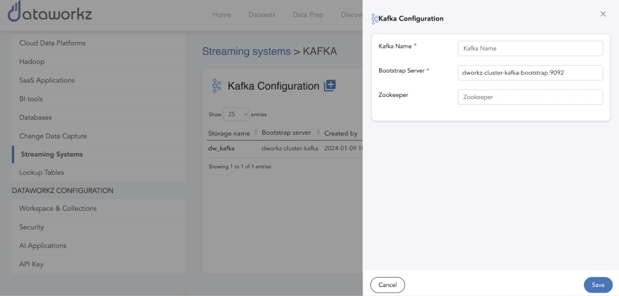 Detalhes de configuração de conexão do Kafka no Dataworkz