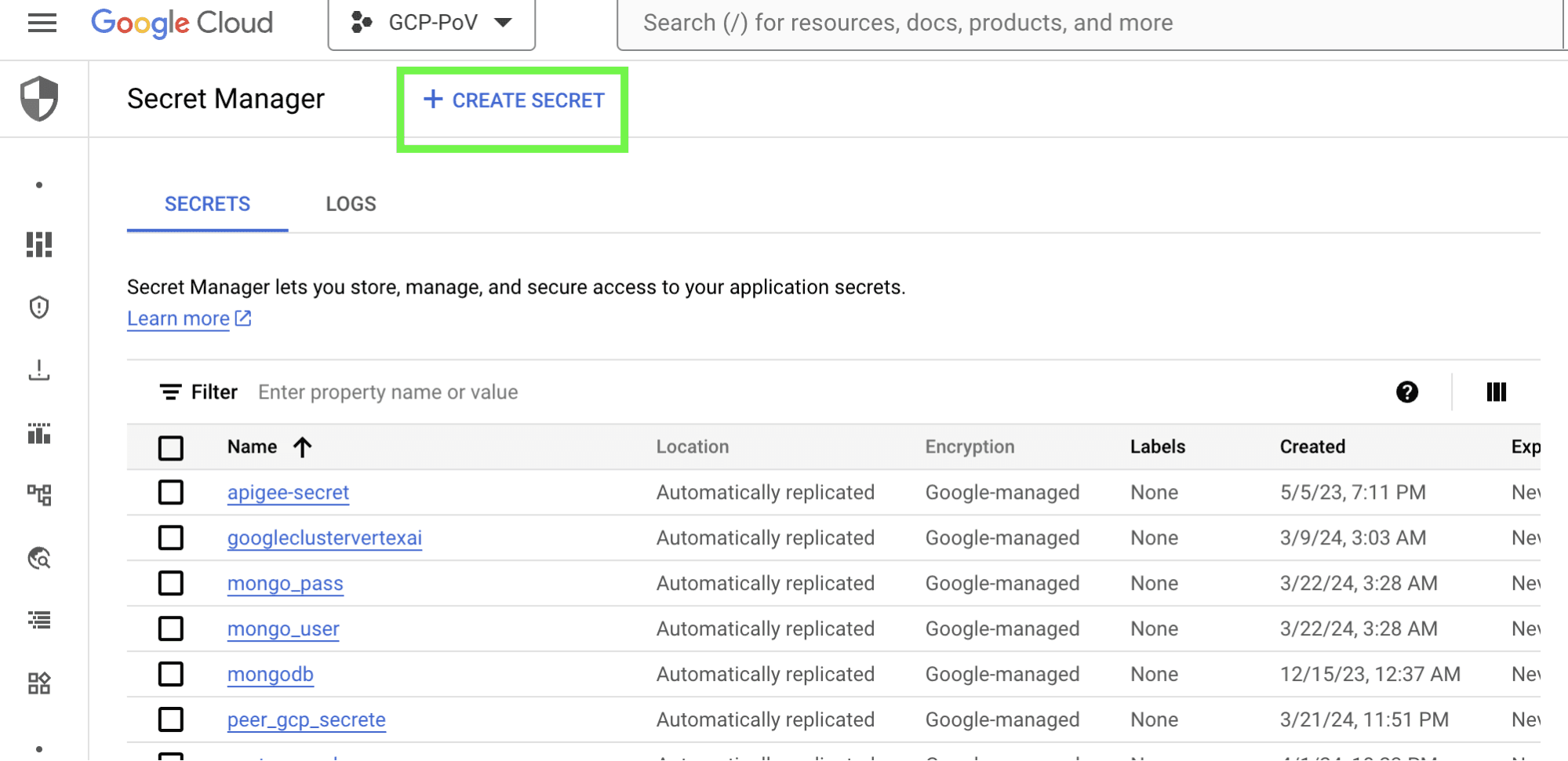 Criando segredo no console do Google Cloud