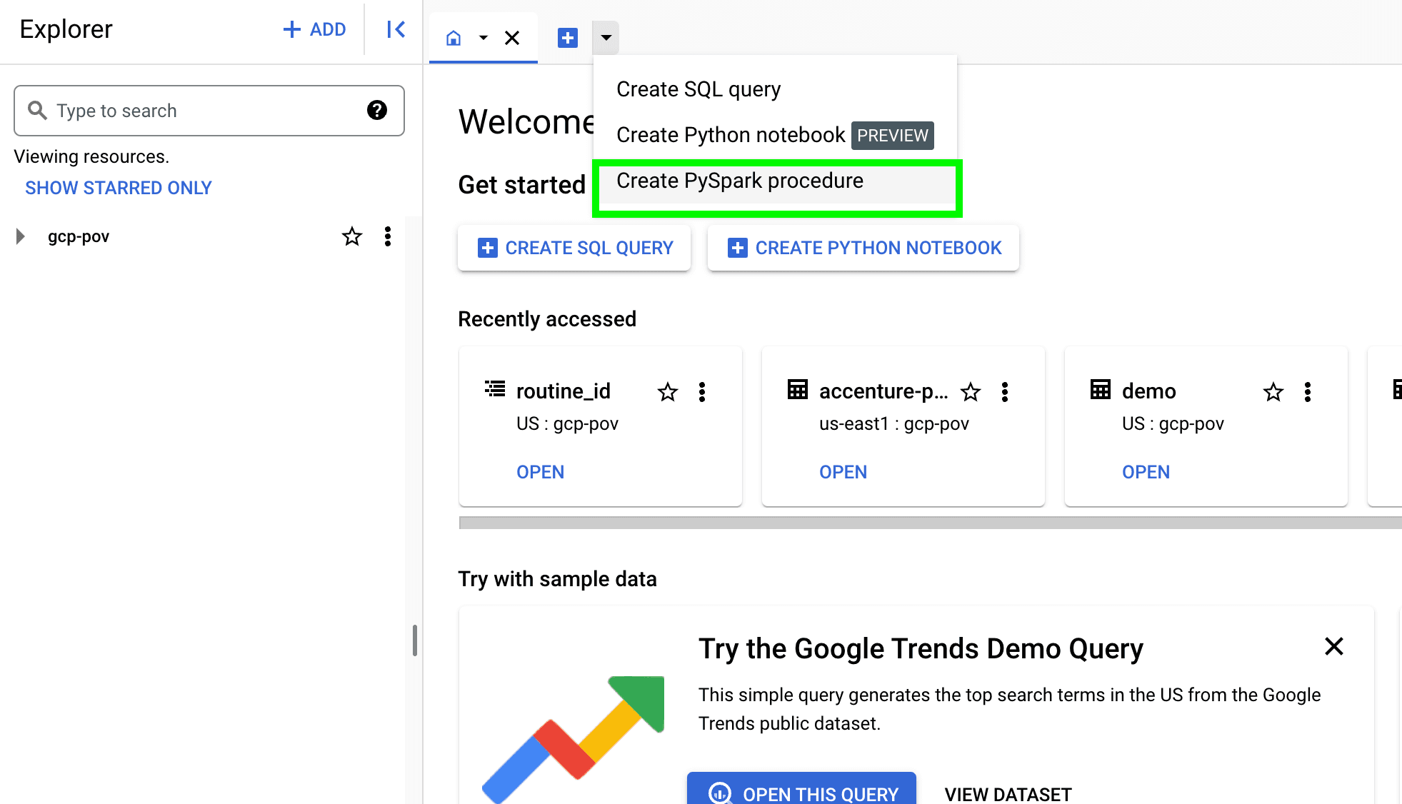 Criando procedimento PySPark a partir do explorador BigQuery