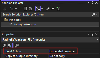 Set build action to "Embedded resource" to include JSON file as a resource