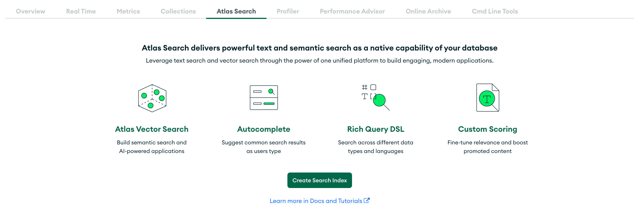 Aba de pesquisa na página Cluster com foco em “Create Search Index”