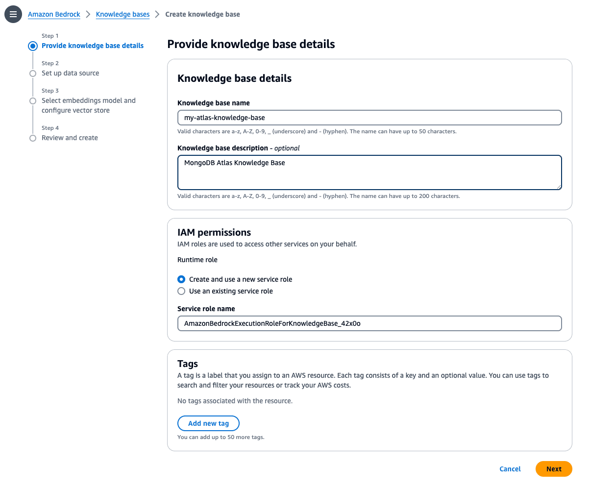 Página de configuração do console de Bases de conhecimento do Amazon BIDB