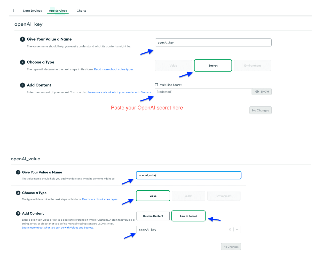 (Two variables key and value inside App Services, trigger)