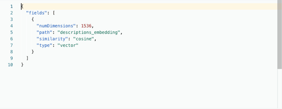 (Vector search index definition in selected JSON editor from Step 3)