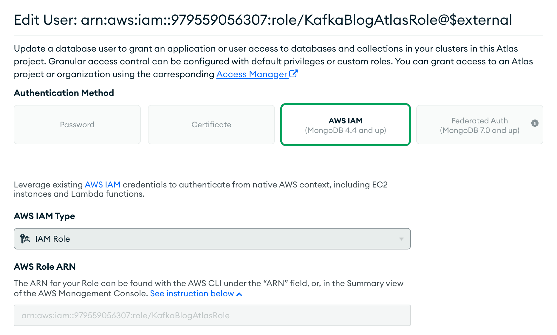 MongoDB Atlas edit user dialog showing AWS IAM authentication method