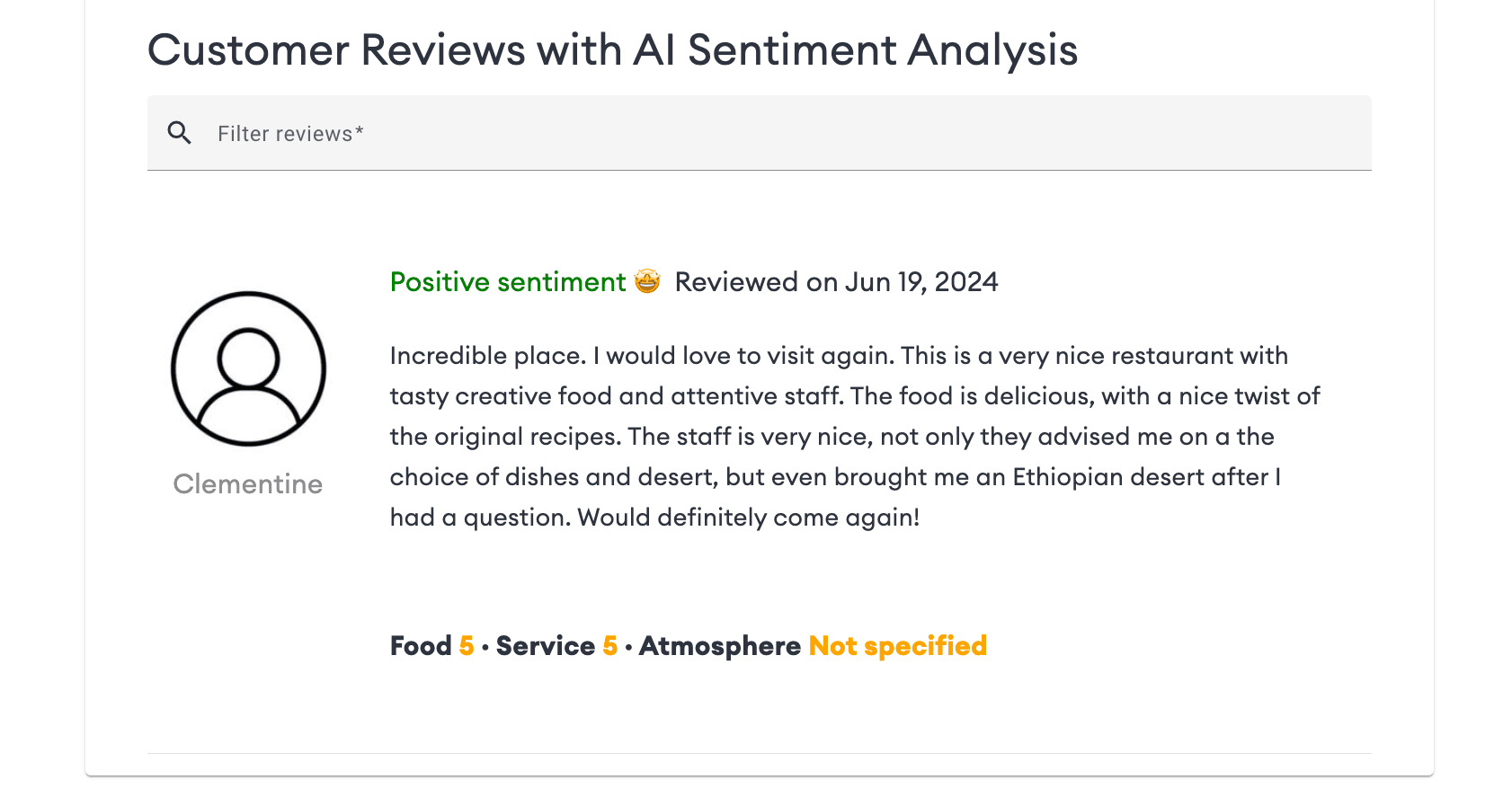 Customer review with AI-generated sentiment analysis