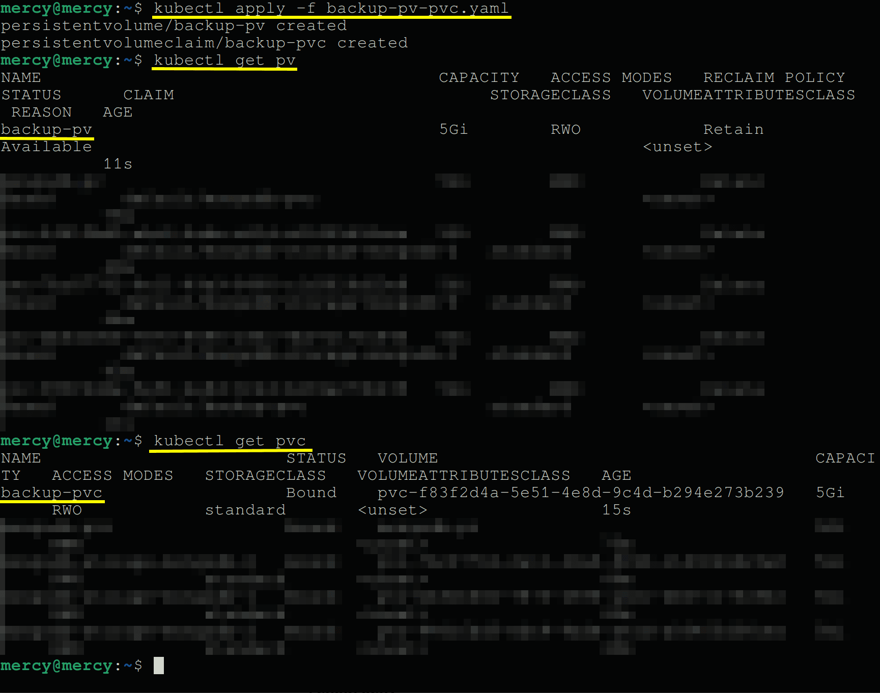 Confirmando que o backup-pv e o backup-pvc foram criados