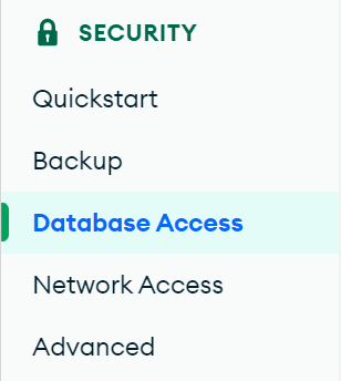 A guia Acesso ao banco de dados na barra lateral do Mongo Atlas