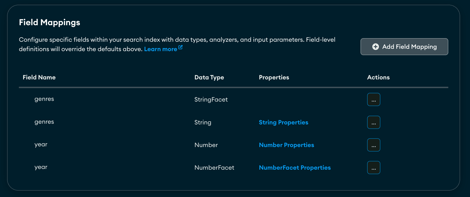 Screenshot representing the field mapping created