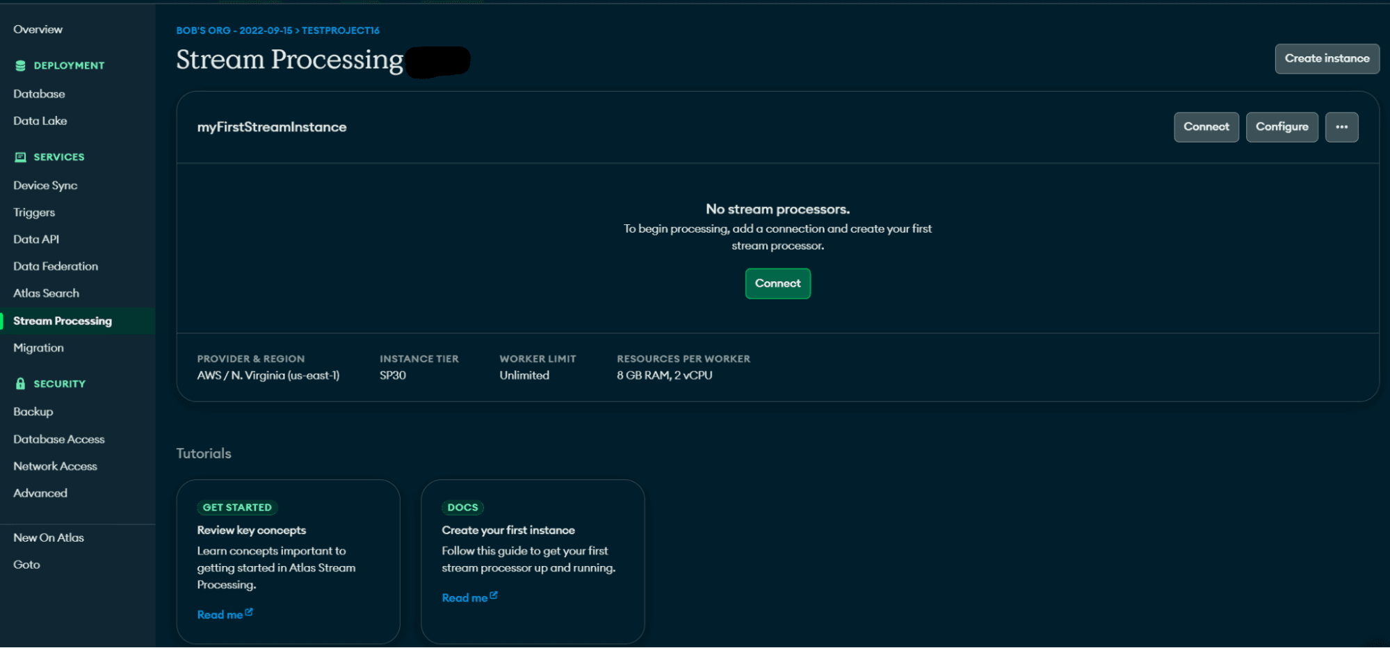 Screenshot of Atlas UI after creation of stream processing instance