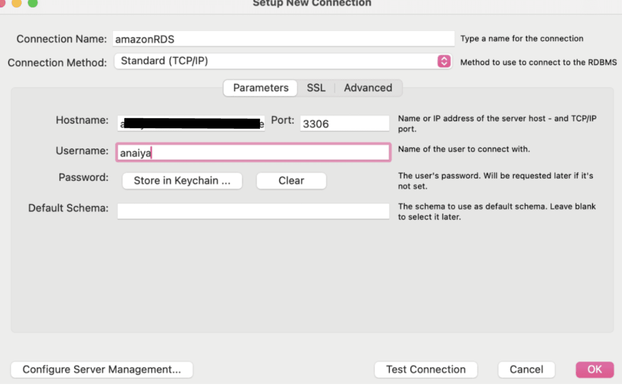 [Settings for Setup New Connection in MySQL Workbench]