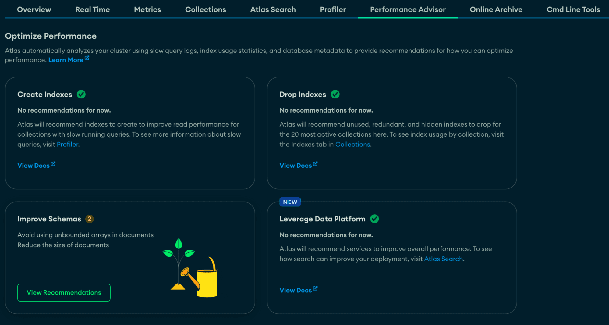 Performance Advisor landing page.