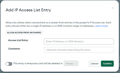 Janela modal para inserir informações sobre restrições de endereços IP específicas