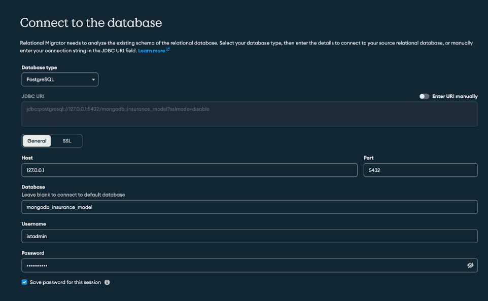 Fig 2. Conexão de banco de dados no Relational Migrator