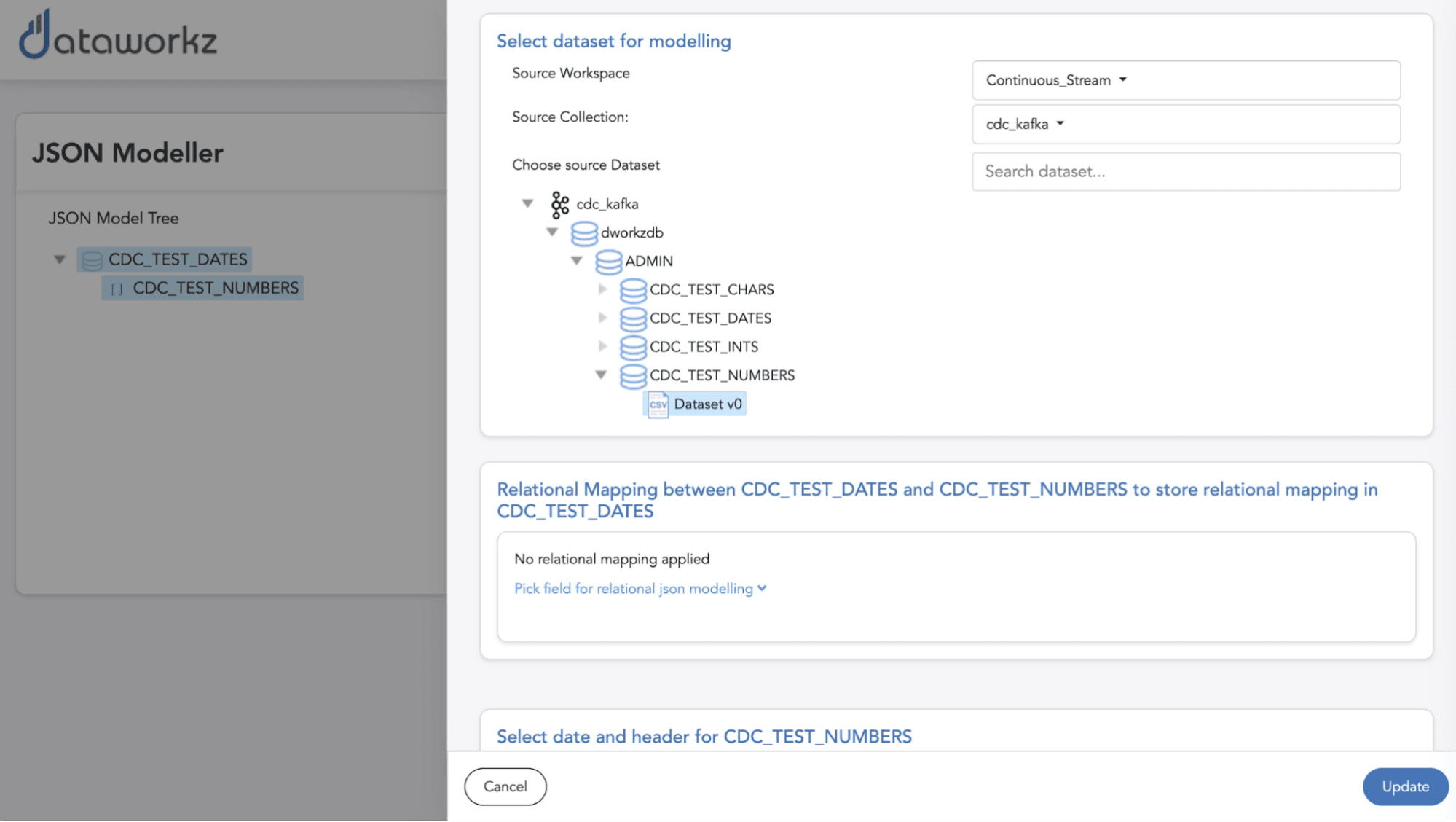 Tela de tabela secundária do documento de matriz Dataworkz