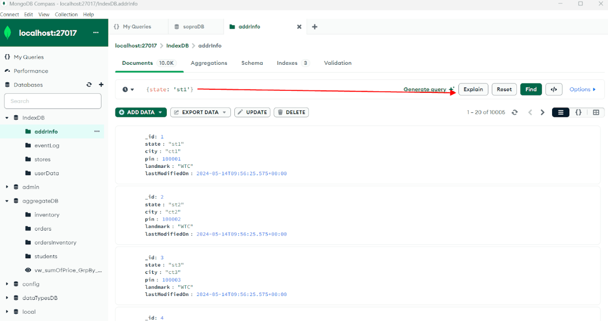 MongoDB Compass interface showing the 'addrInfo' collection within the 'IndexDB' database. The query { state: 'st1' } is entered into the query bar. The interface displays multiple documents with fields such as _id, state, city, pin, landmark, and lastModifiedOn. Buttons for 'Add Data', 'Export Data', 'Update', and 'Delete' are visible below the query bar, along with options for explaining the query, resetting, and finding documents. The left sidebar lists other collections and databases.