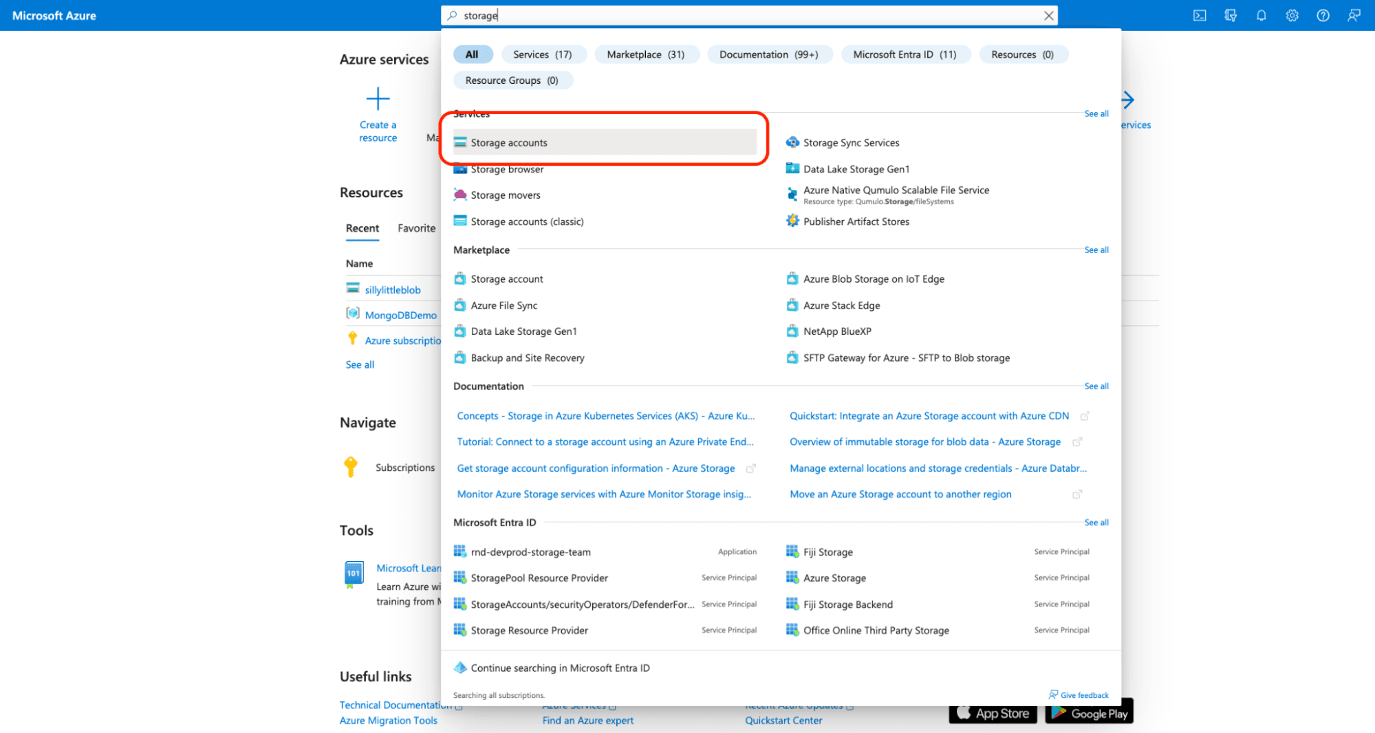 Painel do portal da Microsoft mostrando a opção Contas de armazenamento