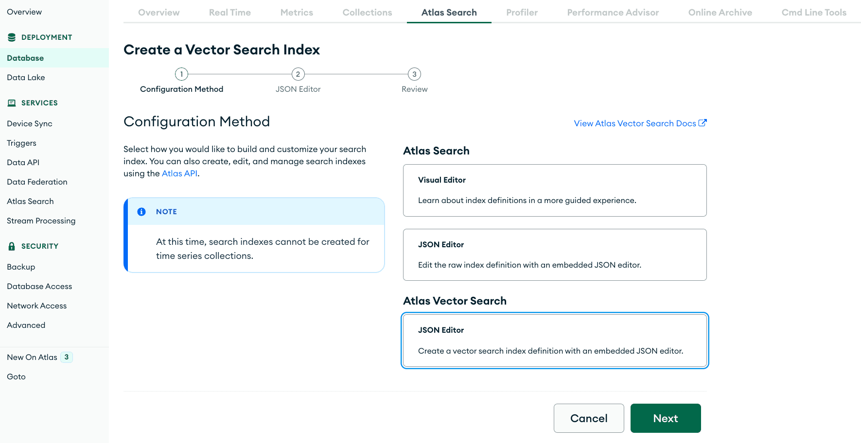 Experiência da aba de pesquisa "Create Search Index" com foco no "JSON Editor"