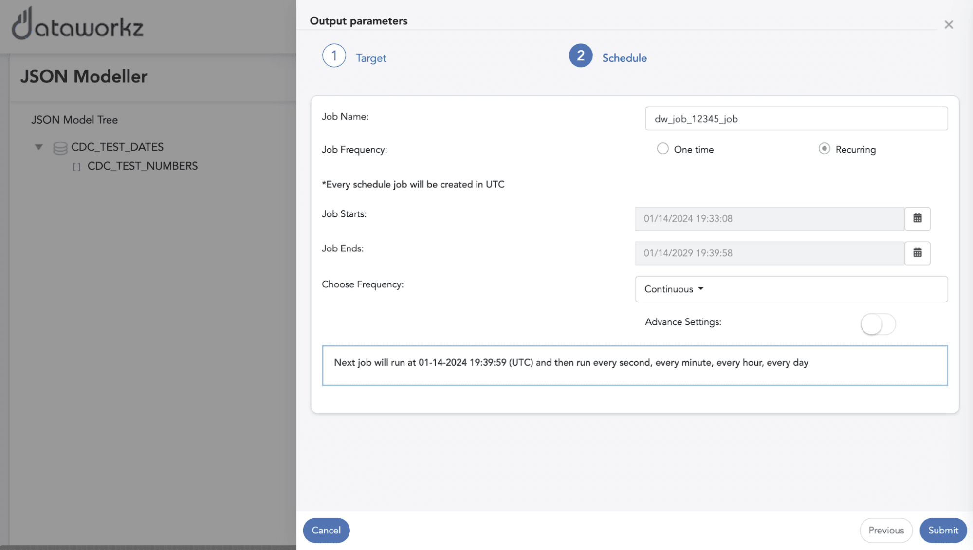 Tela de configurações de frequência de trabalho do Dataworkz