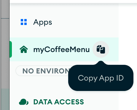 Left-hand side panel of App Services UI where the user can copy App ID