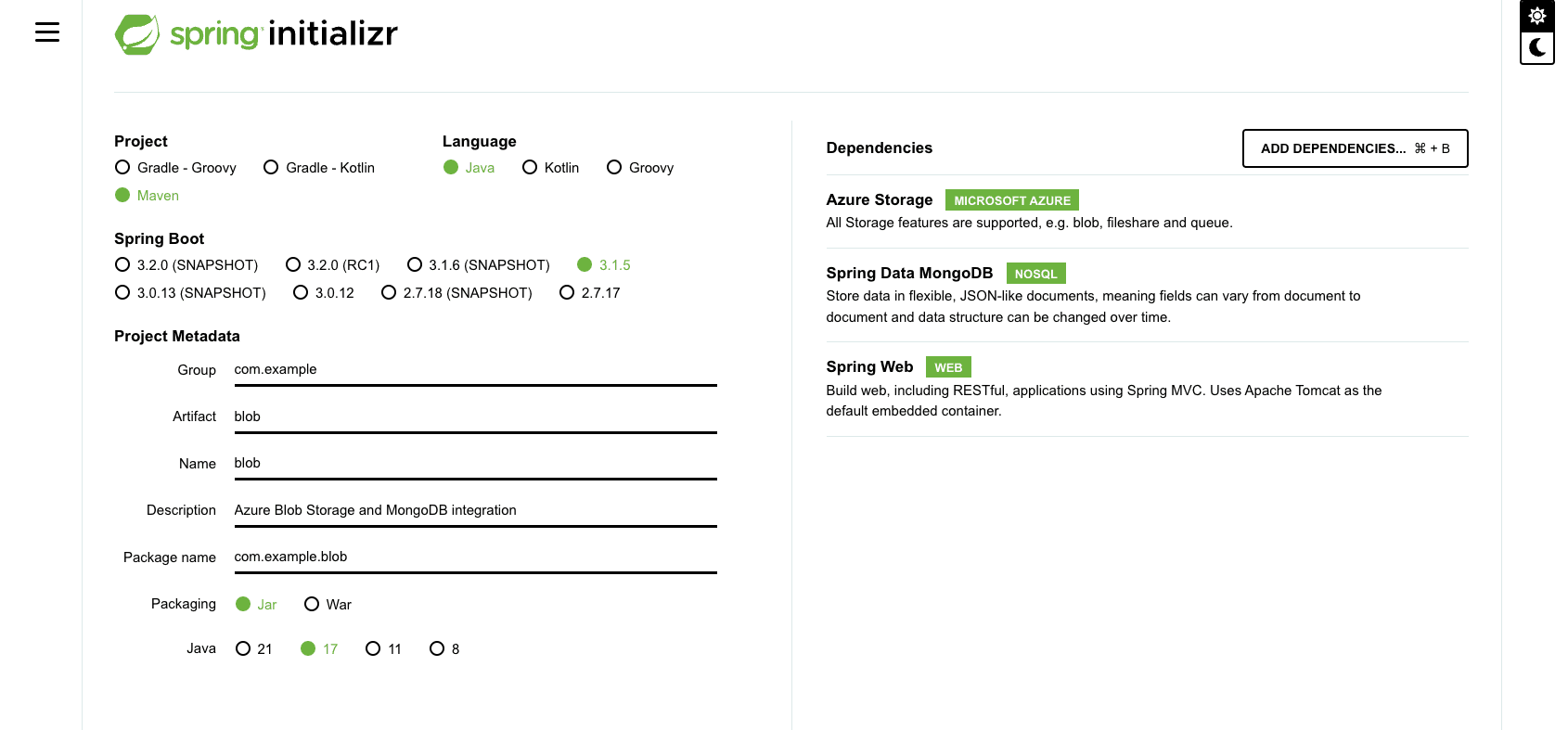 Spring initializer displaying the configuration for the application