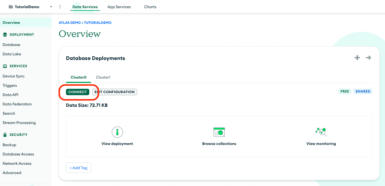 MongoDB Atlas dashboard showing where to find the connection string