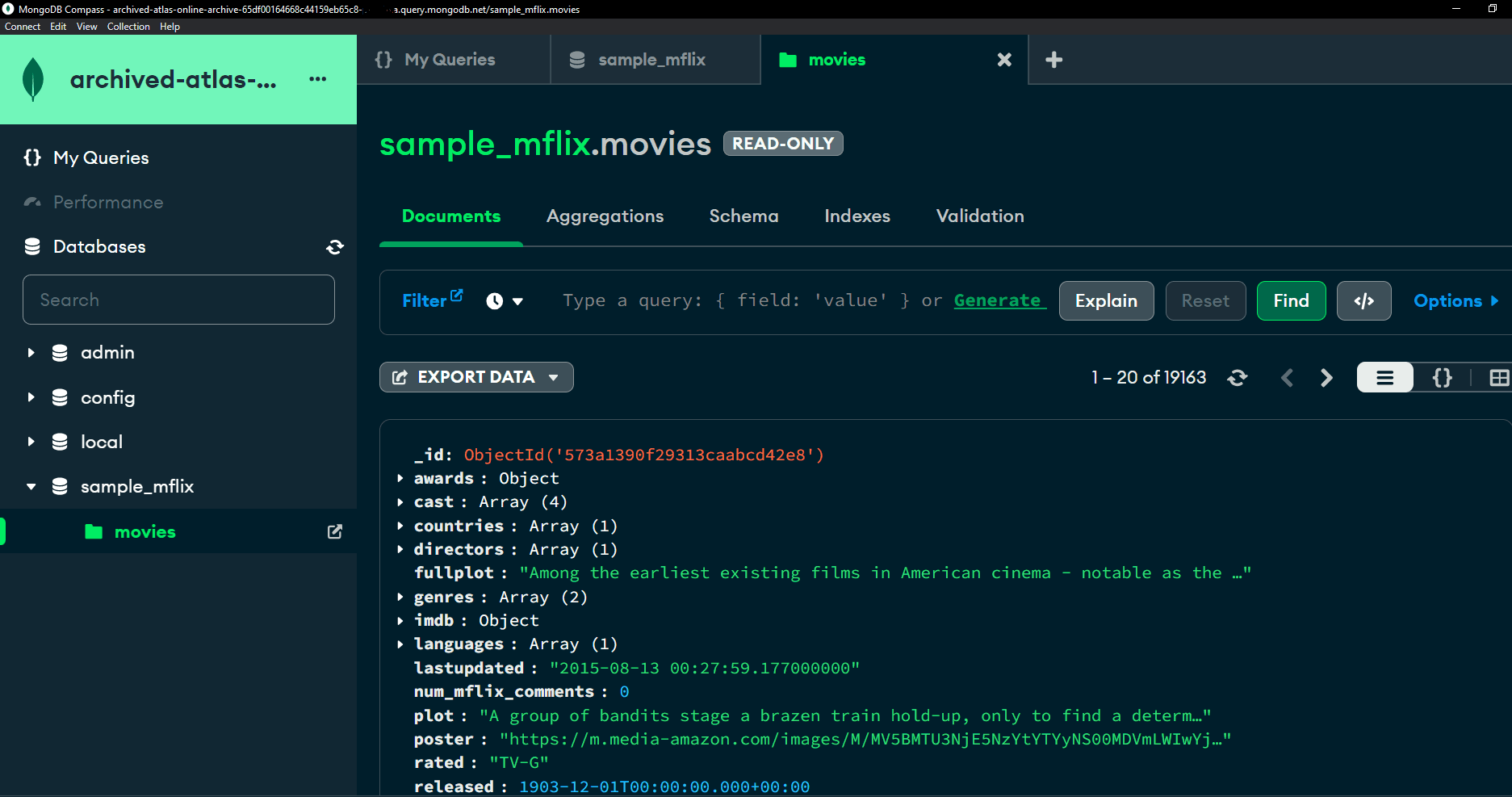 Archived database collection – sample_mflix.moves data only from this connection string