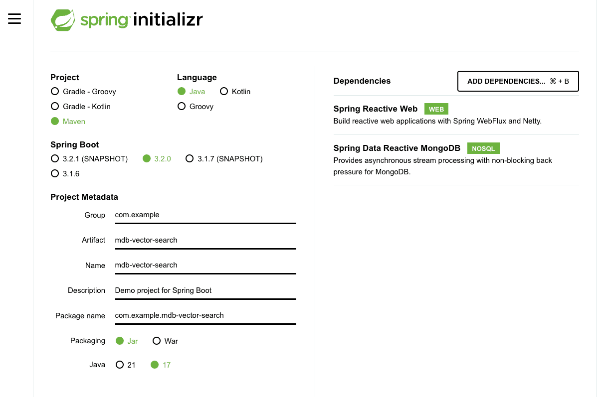 Tela de configuração do Spring Initializr.