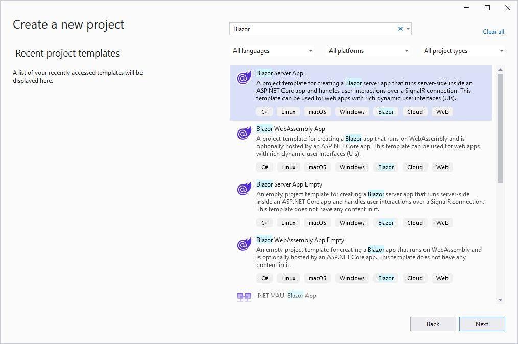 Lista de modelos de projeto no Visual Studio