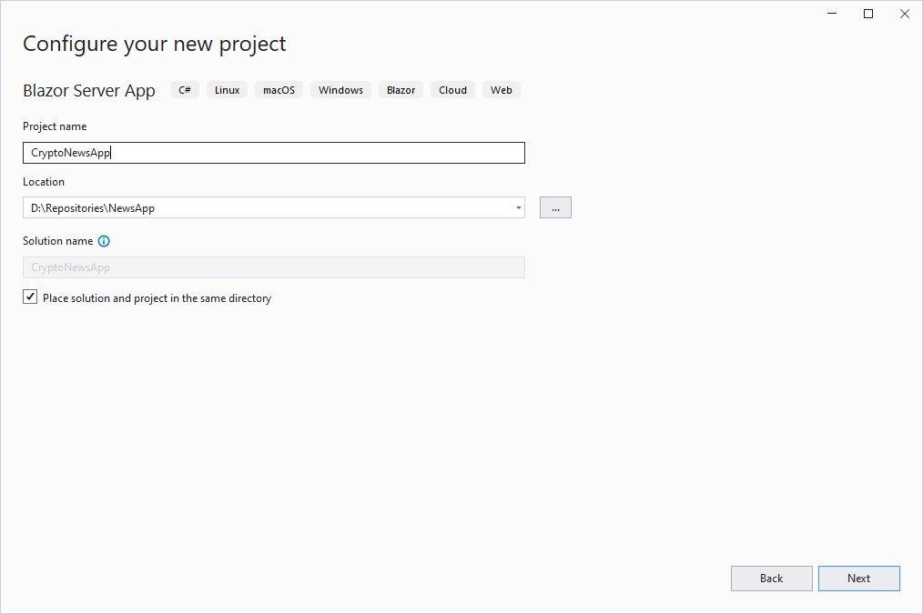 Tela de configuração do projeto no Visual Studio