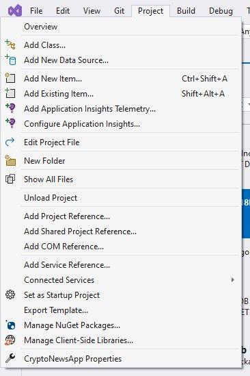 Menu Arquivo no Visual Studio