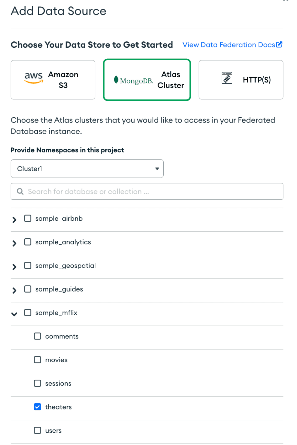 Captura de tela do modal de criação do MongoDB Atlas Data Lake mostrando como preenchi o formulário para esta demonstração.