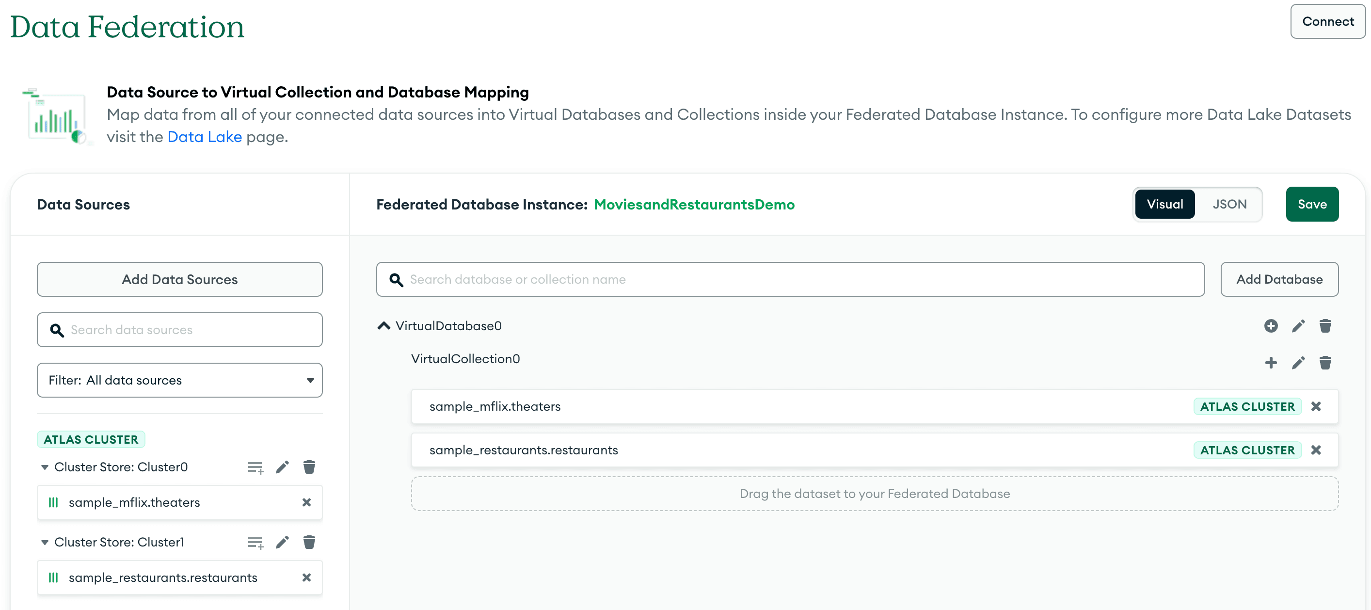 Captura de tela da página de visão geral do MongoDB Atlas Data Lake com uma caixa vermelha destacando as fontes de dados que criamos na etapa anterior e como as posicionamos na Federação de Dados.