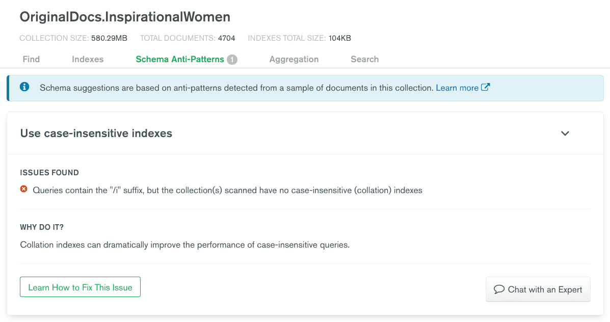 O painel Schema Anti-Patterns no Atlas Data Explorer mostra um problema encontrado: use índices que não diferenciam maiúsculas de minúsculas.