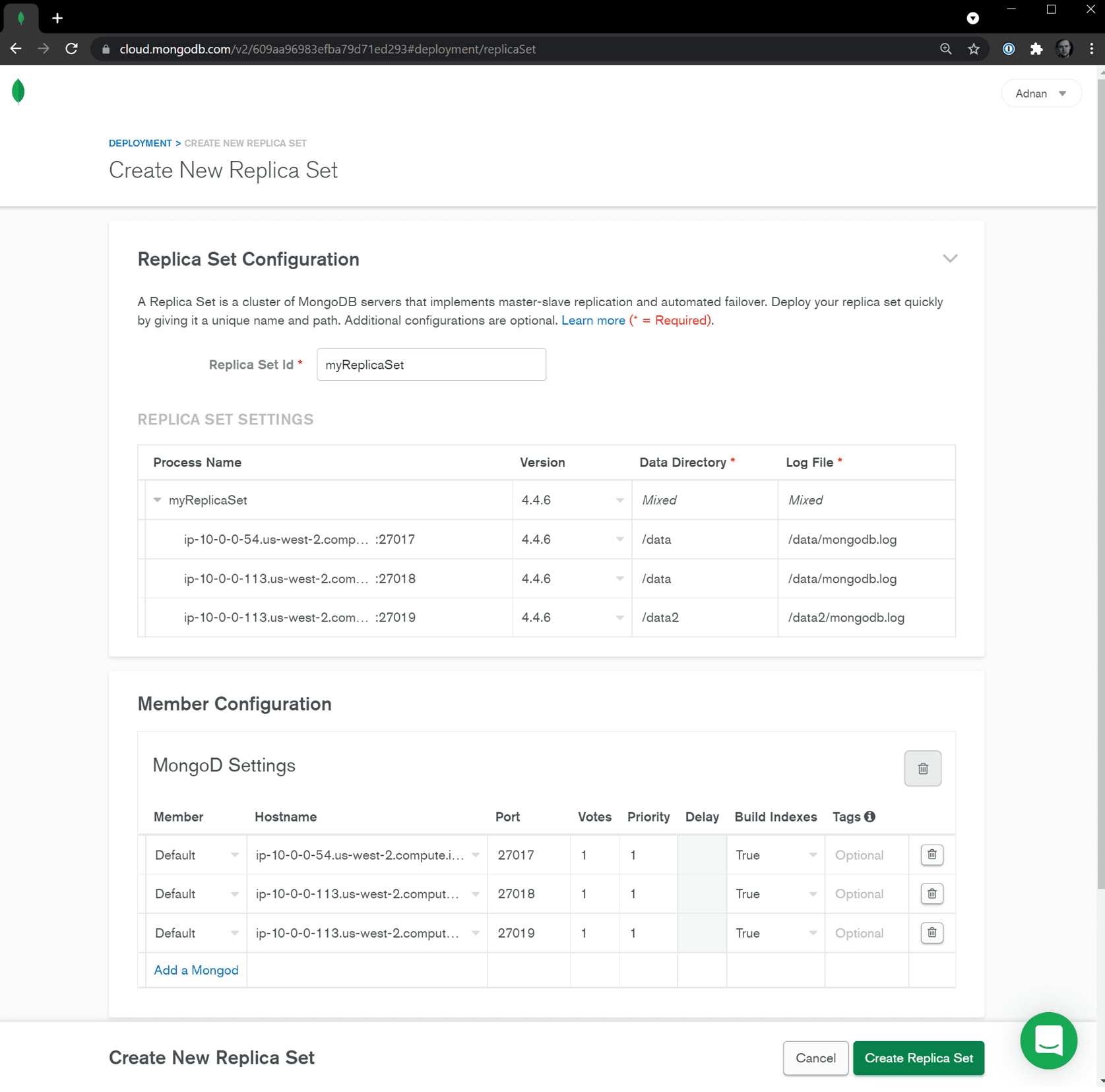 Conclua a criação de um conjunto de réplicas no Cloud Manager