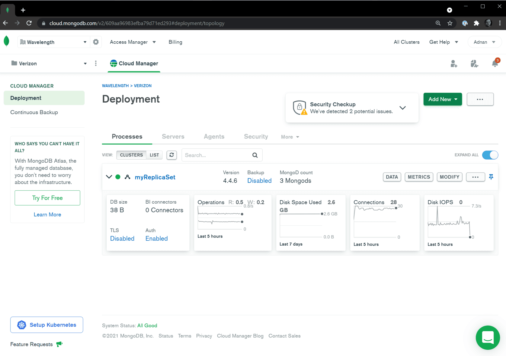 Conjunto de réplicas do Cloud Manager implementado