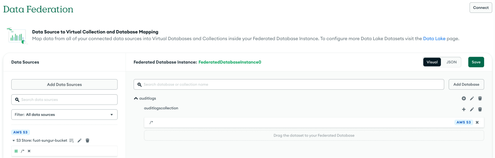 Definição de fonte de dados e banco de dados (virtual) e coleções (virtual) na instância do banco de dados federado