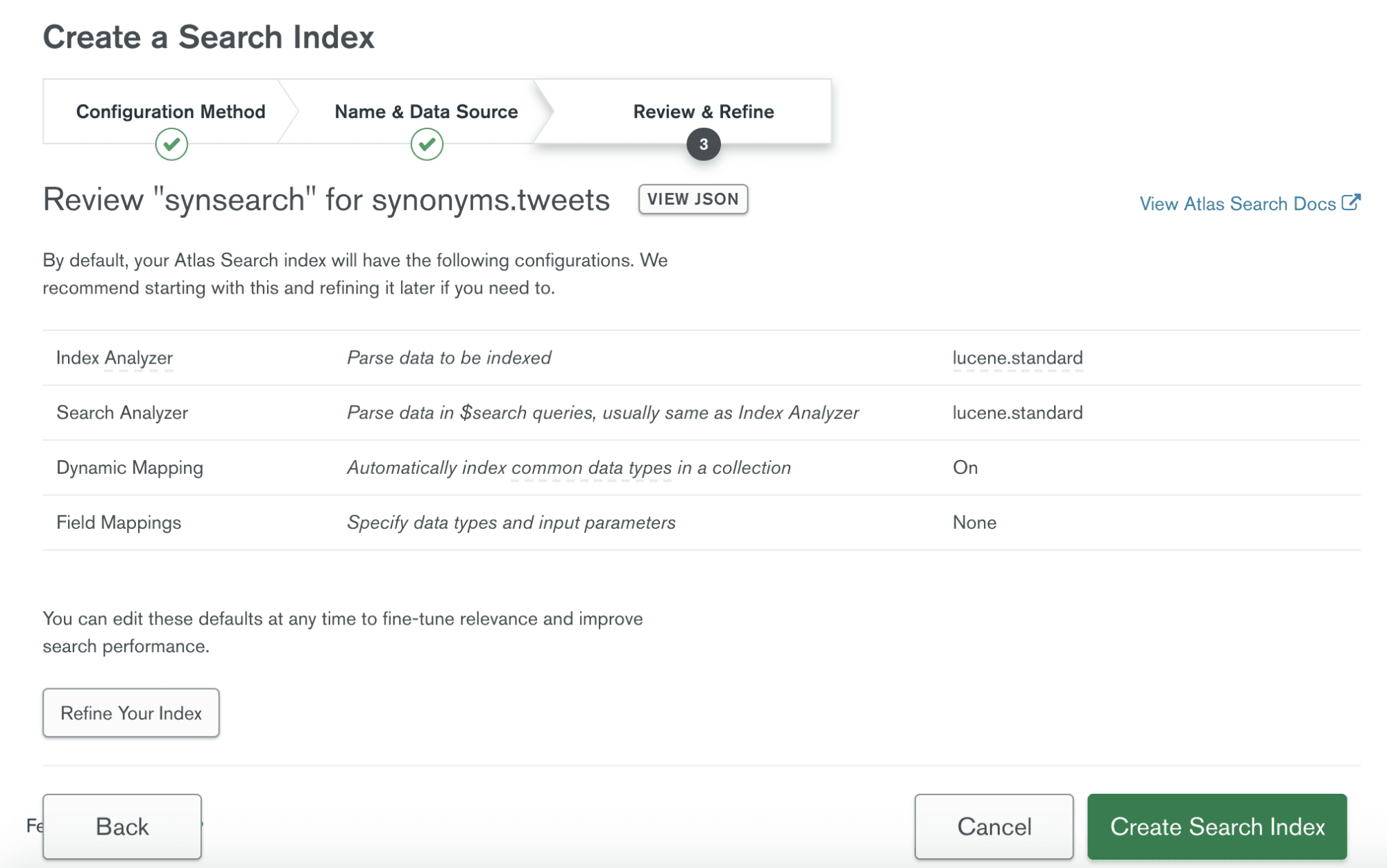 Finalize o índice Atlas Search