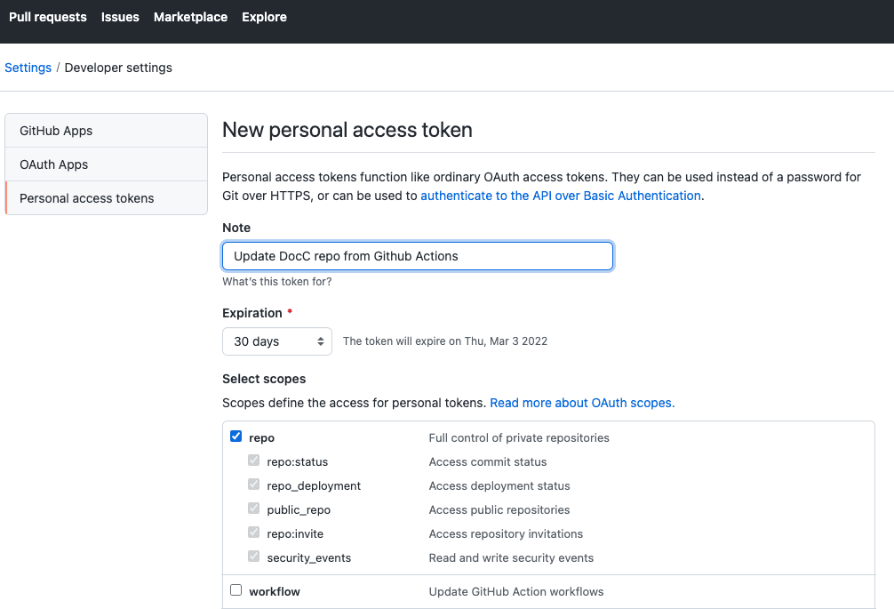 Página Configurações do Github para adicionar tokens de acesso pessoal