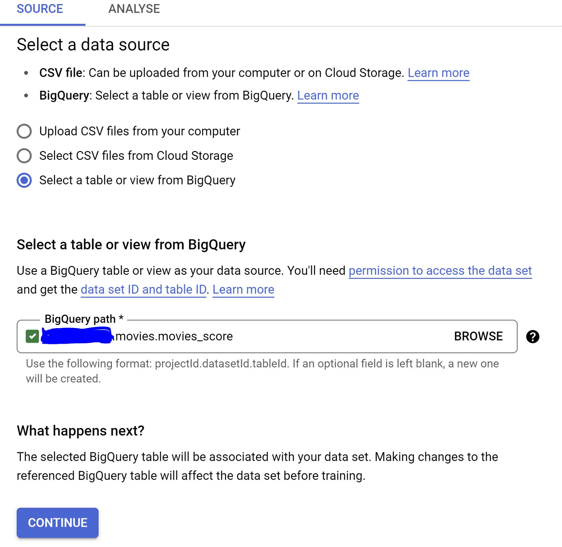 Captura de tela da página da Vertex AI "Criar um conjunto de dados" mostrando a seção "Selecionar fonte de dados"