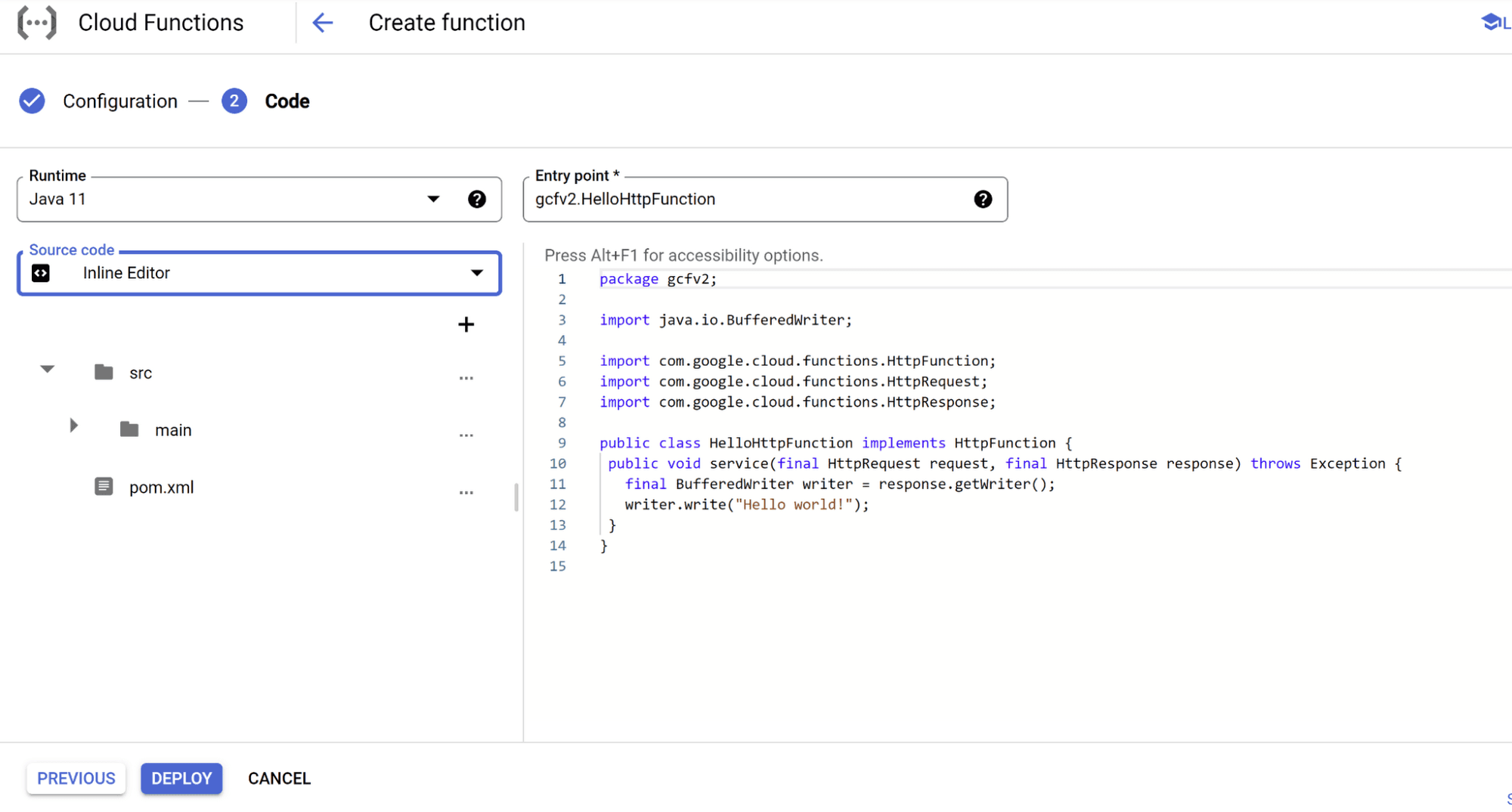 Captura de tela da página "Código" da etapa "Criar função" no Google Cloud Functions