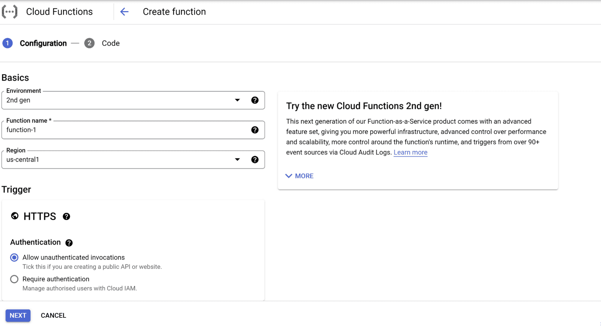 Captura de tela da página "Configuração" etapa "Criar função" no Google Cloud Functions